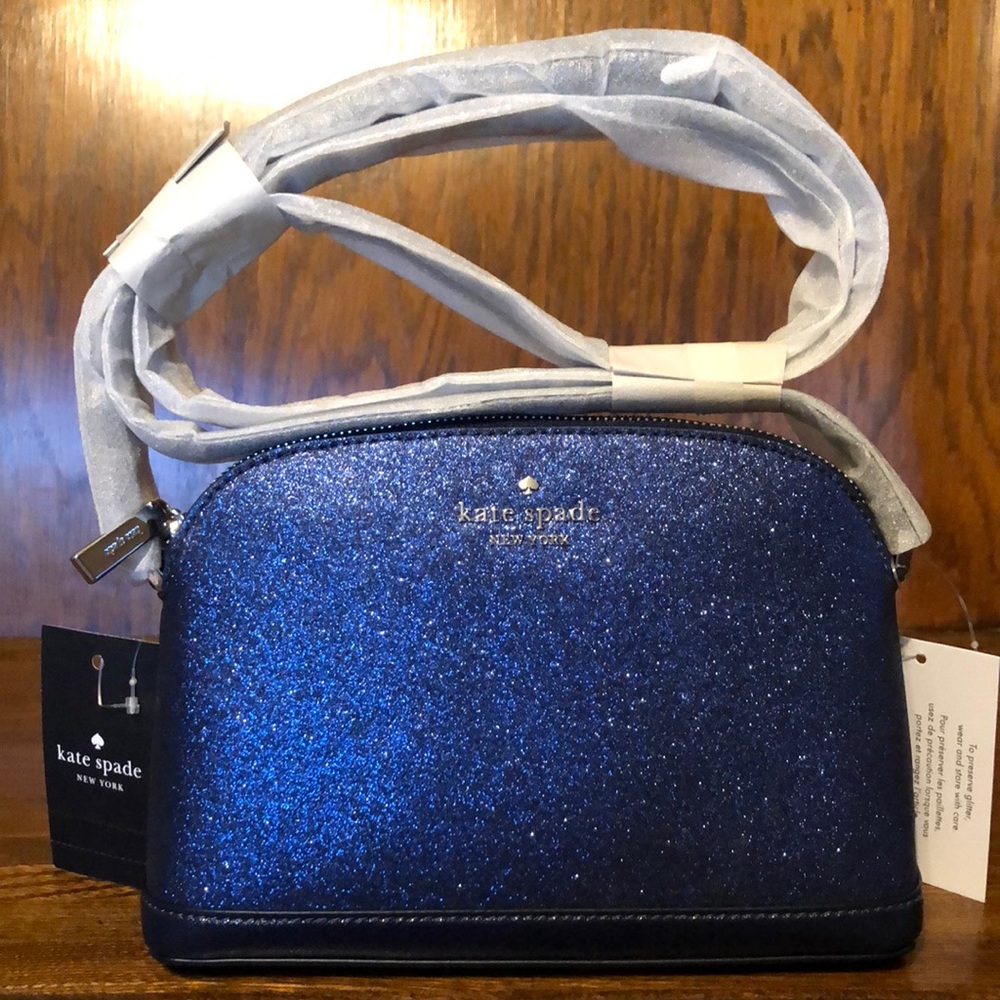 NWT-Kate Spade-Tinsel Small Dome Crossbody-Glitter Fabric-Parisian Navy-$249
